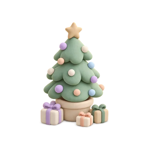 Un árbol de Navidad de arcilla con regalos