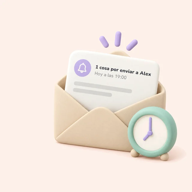 Un sobre de arcilla con el aviso «1 cosa por enviar a Alex, hoy a las 19:00» y un reloj