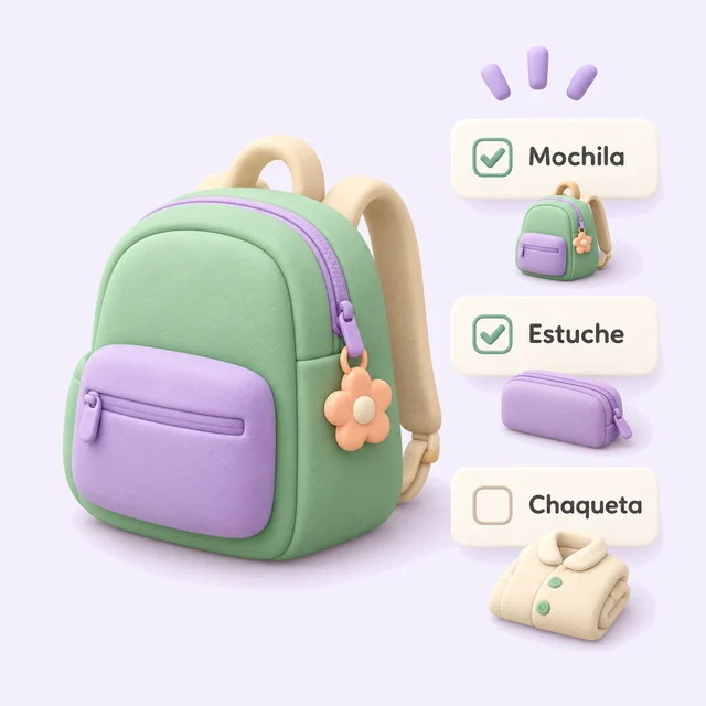 Una mochila de arcilla y la lista de sus cosas: mochila, estuche y chaqueta